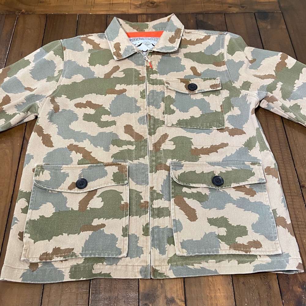 Poler Stuff Mens Large Camo Canvas Chore Field Jacket Orange Lined Camp Vibes